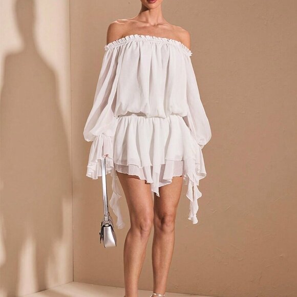 White Boho Women's Elegant French Style Off-Shoulder Long Sleeve Shirt Dress - Picture 3 of 9